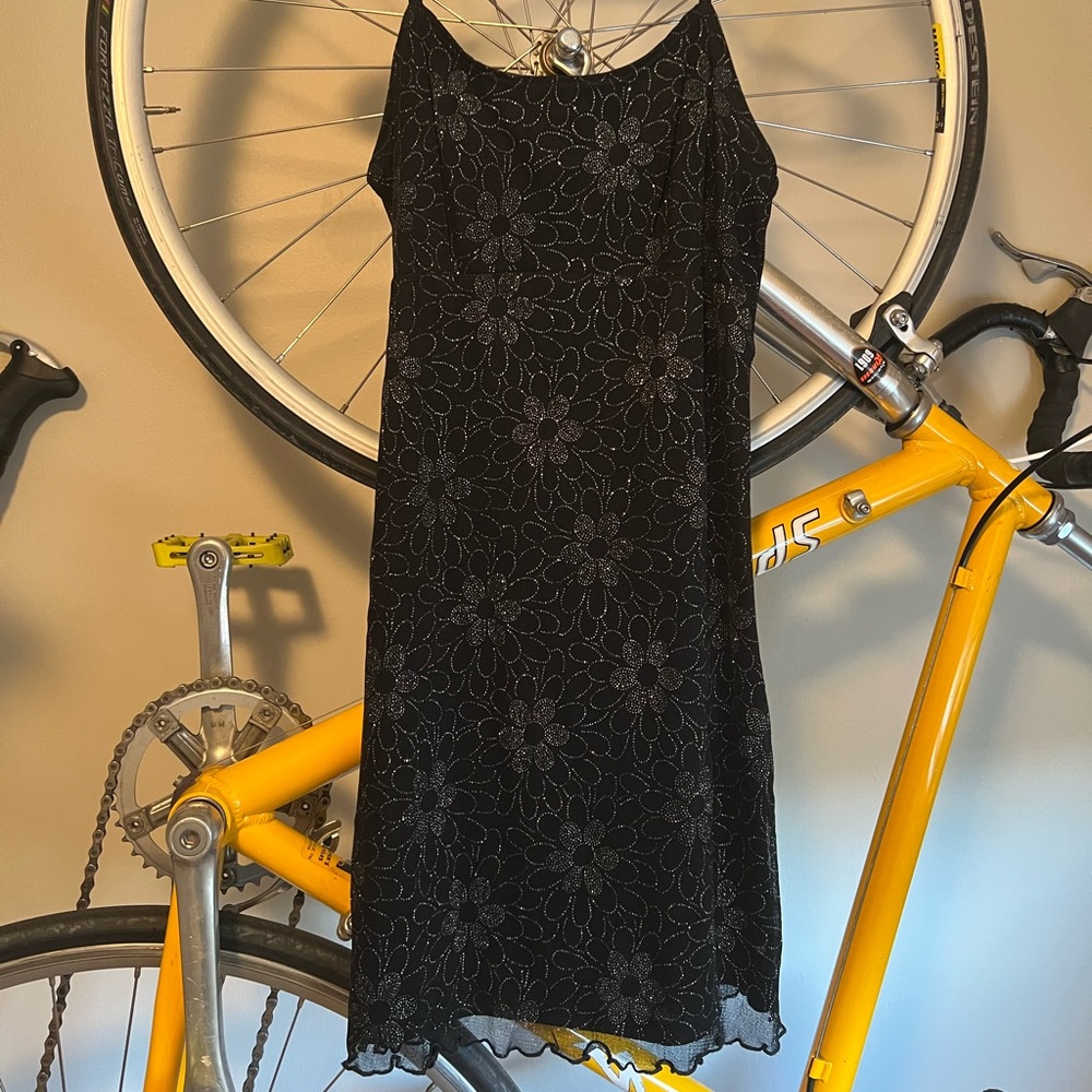 Vintage ‘90s Babydoll Stretch Mini Dress, Black with sparkly flowers, XS/S